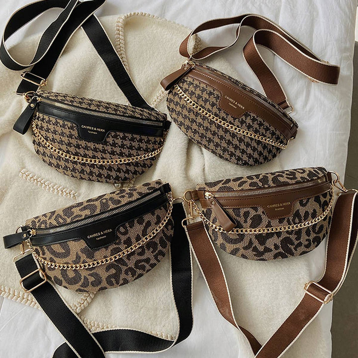 LEOPARD PRINT BLACK CHAIN STRAP FANNY BELT BAG_CWAB0923: BLACK1 / (OS) 1