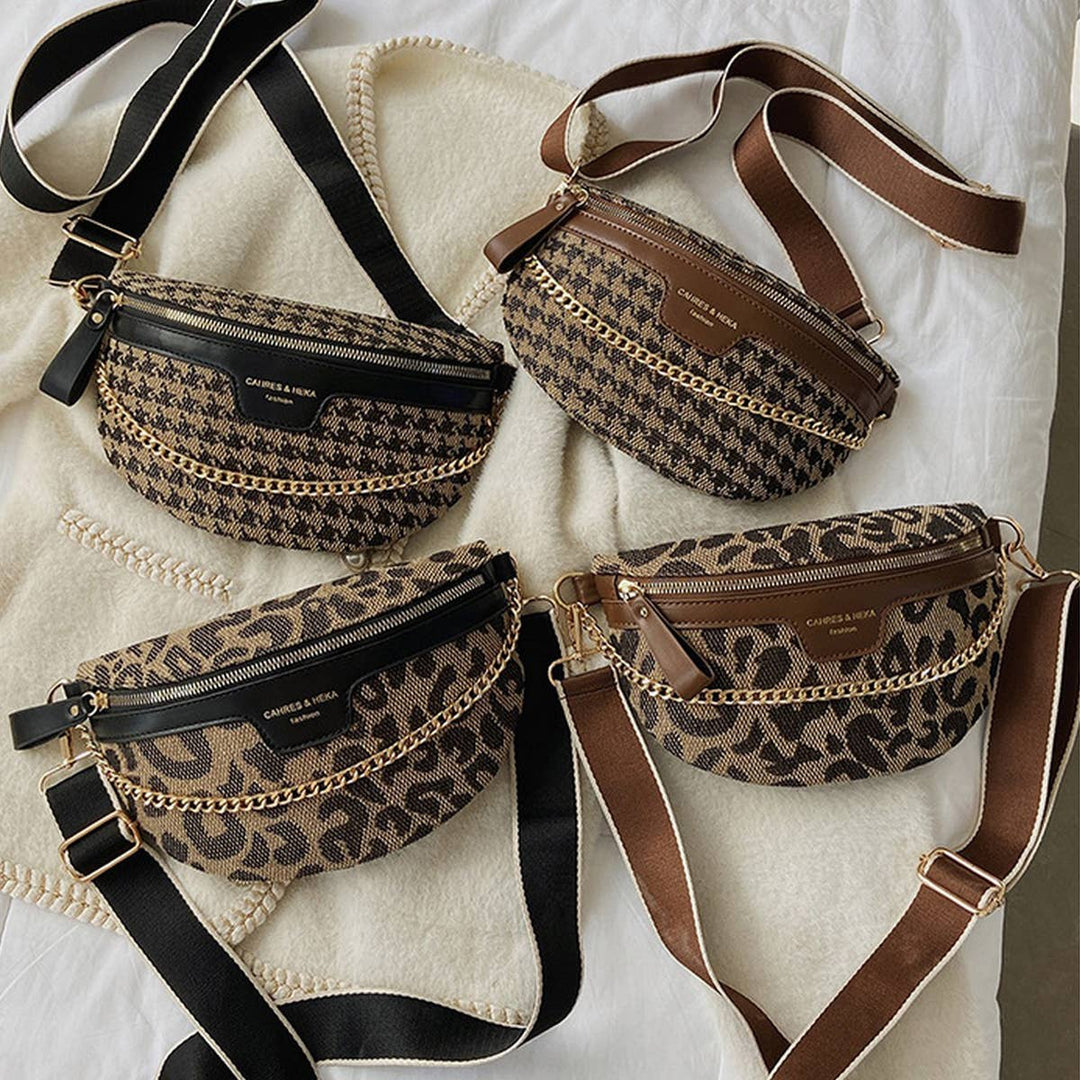 LEOPARD PRINT BLACK CHAIN STRAP FANNY BELT BAG_CWAB0923: BROWN2 / (OS) 1