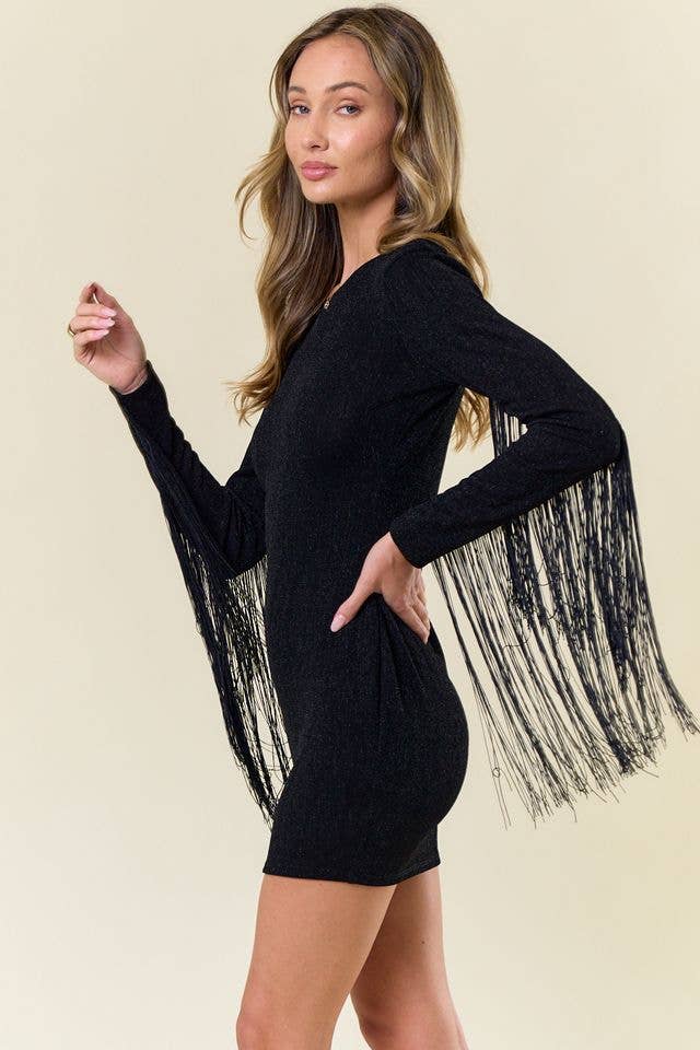 SD2580C METALLIC BLACK FRINGED BODYCON DRESS - STRETCH: L