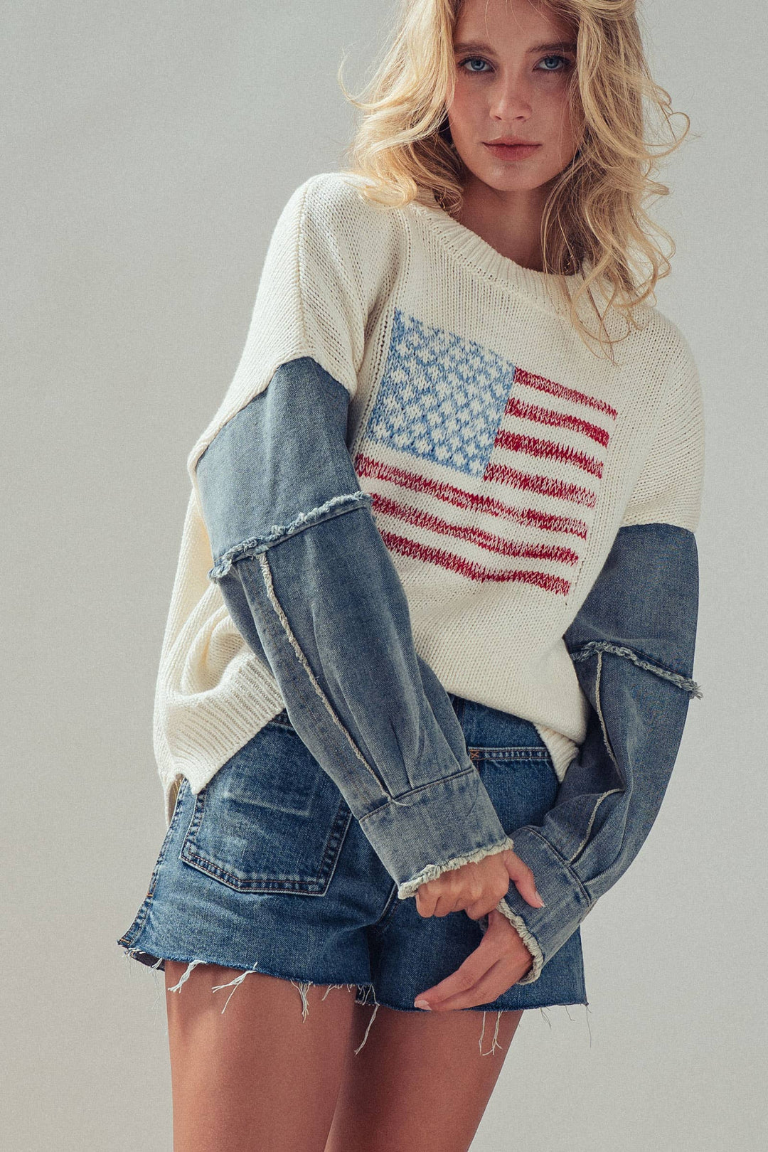 American Flag Mixed Media Denim Sleeve Sweater: IVORY / S-M-L:2-2-2