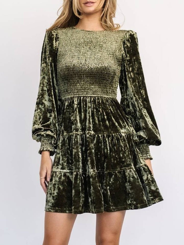 Velvet Ruffled Crewneck Dress: Black / S