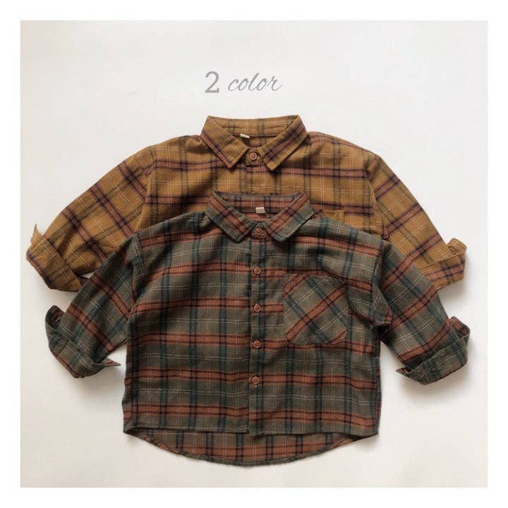 Baby Plaid Pattern Vintage Style Lapel Design Shirt: Brown / 100 (2-3Y)