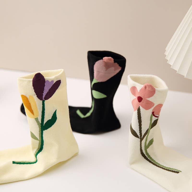 Three-dimensional flower socks with branches and leaves: Yellow