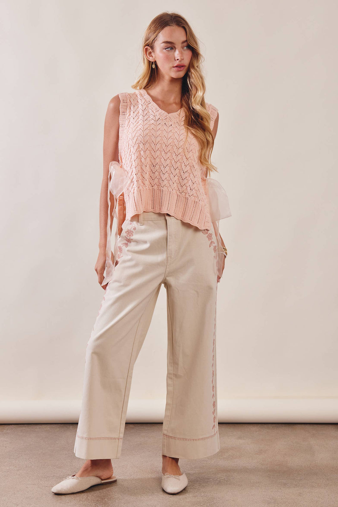 Pointelle Knit Ribbon-Tie Vest Top