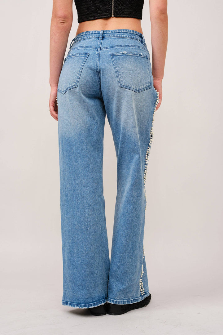 23423P - Pearl Embellished Cut Out Sides Jeans: MED WASH / S