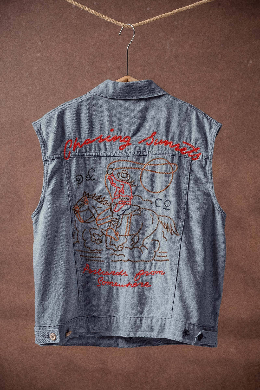 Western Sunset Embroidered Denim Vest: OATMEAL / S-2/M-2/L-2
