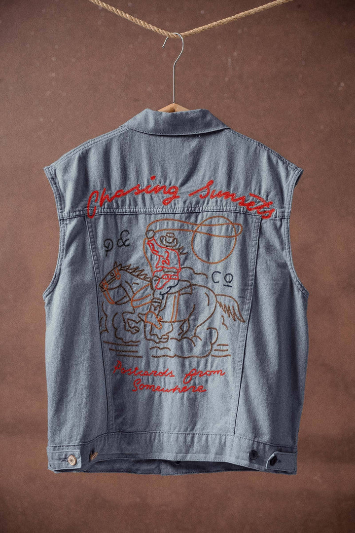 Western Sunset Embroidered Denim Vest: OATMEAL / S-2/M-2/L-2