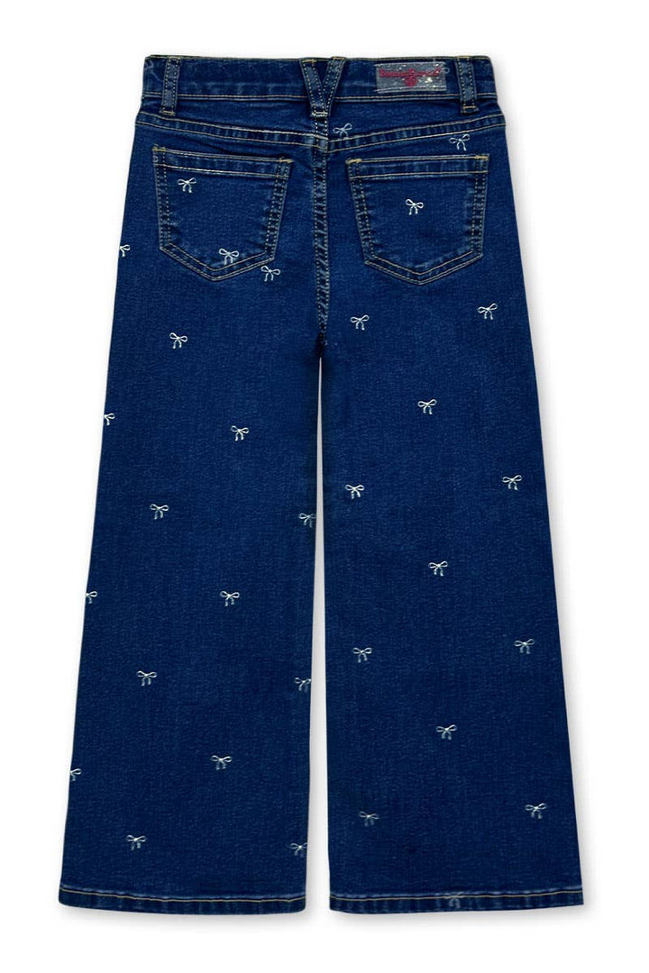 GDP-M26-89469A Girl's Wide Leg Bow Print Denim Jean: Medium Denim