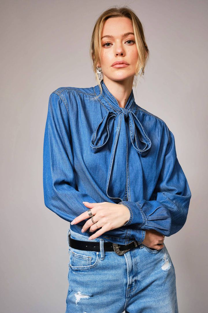 23612T - Tie Neck Hidden Button Chambray Blouse: DARK WASH / L