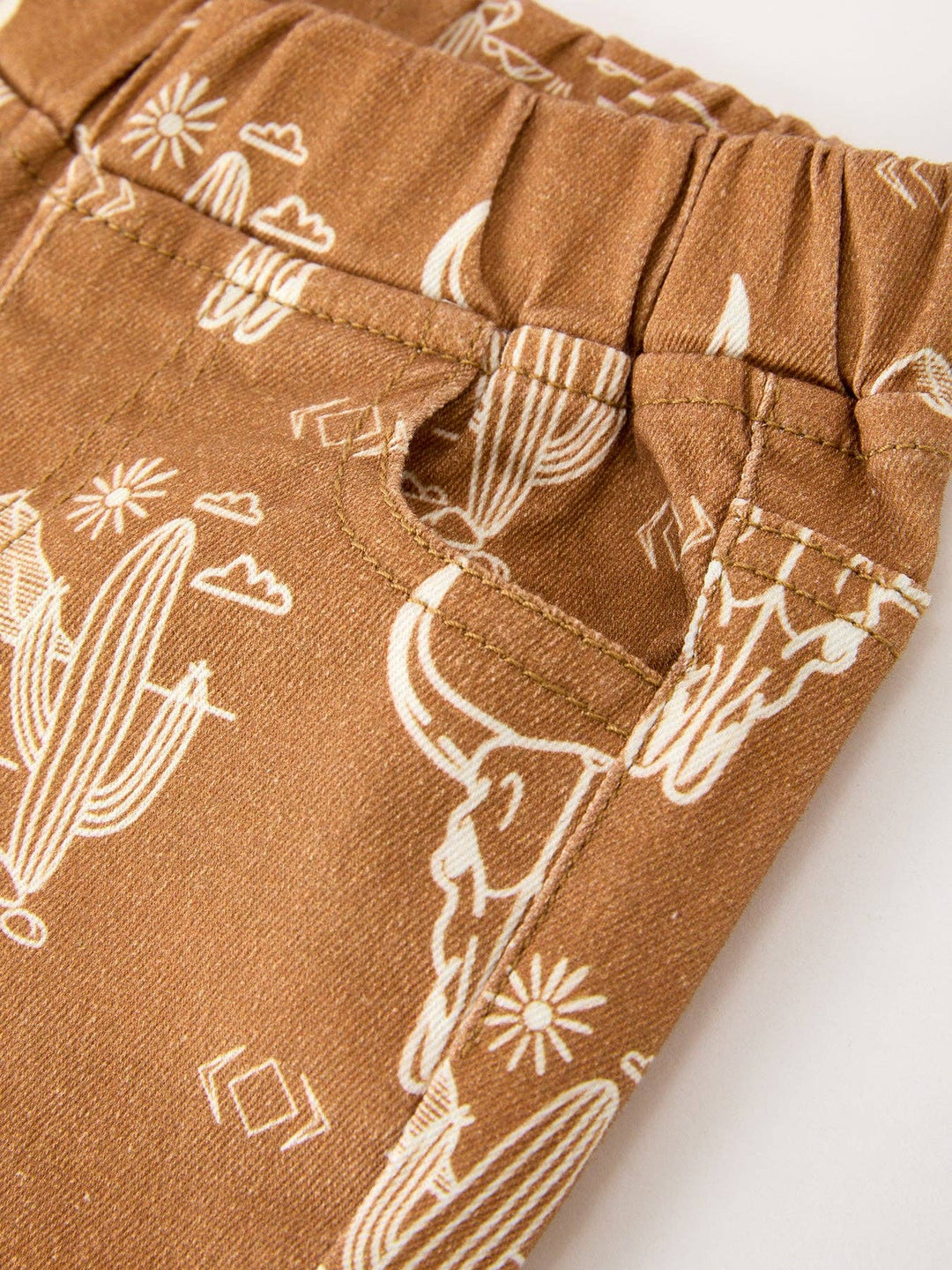 Girls Western Desert Print Brown Denim Bell Bottom Pants
