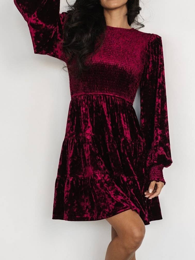 Velvet Ruffled Crewneck Dress: Brown / S