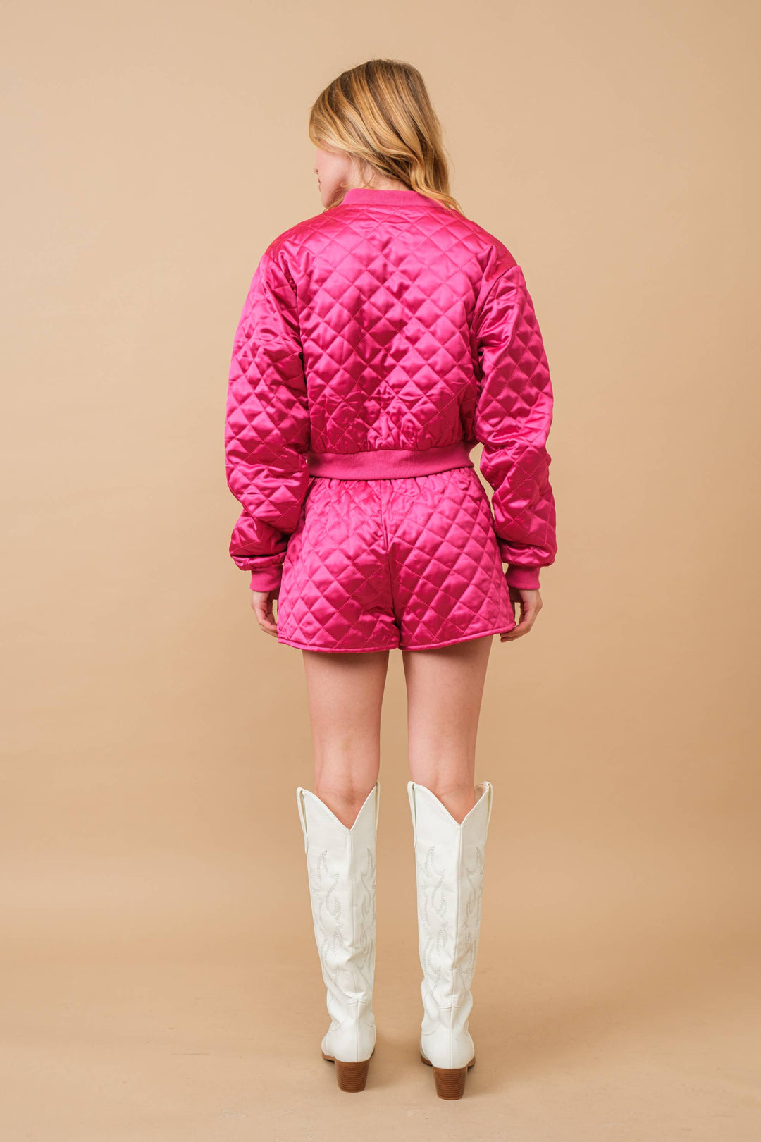 61234SET Quilted Crop Pocket Bomber Jacket w/ Matching Set: BROWN / S