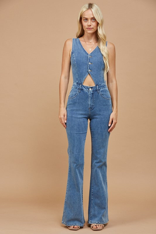 Cut Out Bootcut Denim Jumpsuit
