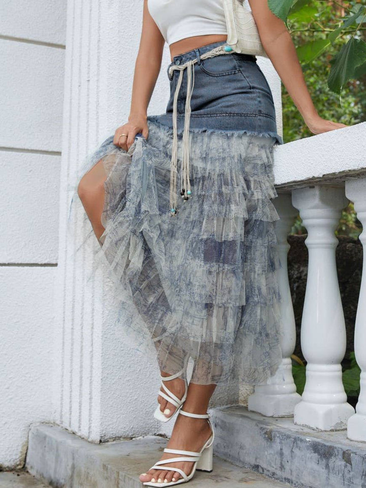 Ruffle Tiered Mesh Floral Panels Denim Cake Skirt:M