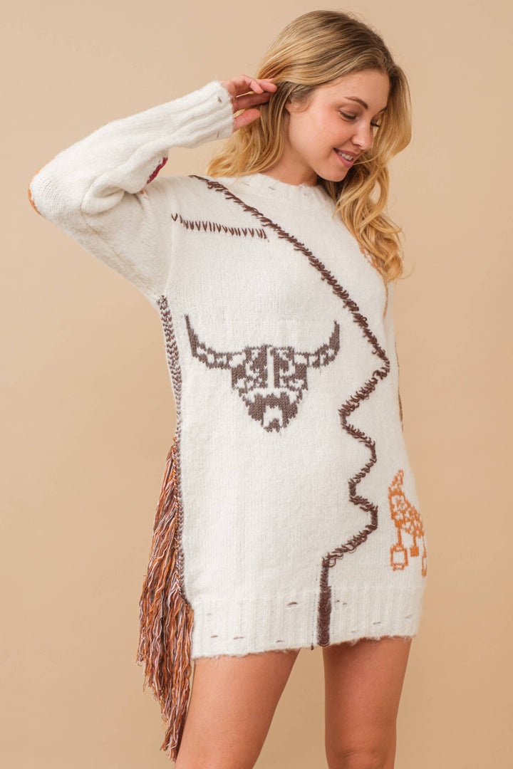 34385W-One Side Fringe Distressed Rib Edge Sweater Dress: OFF WHITE / S