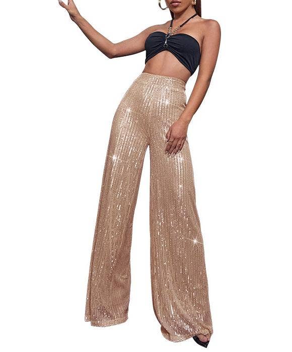 Butt-lifting extra long wide-leg sequin pants: Beige / M