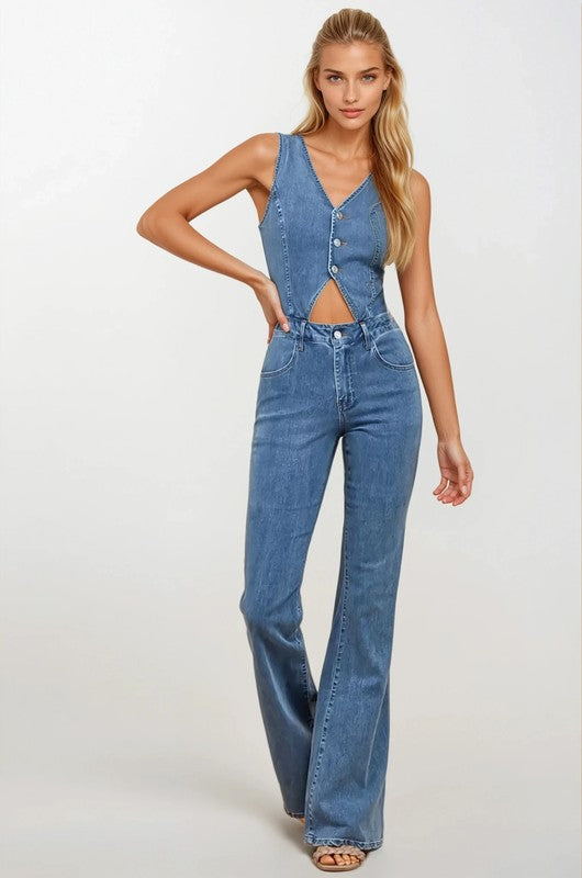 Cut Out Bootcut Denim Jumpsuit