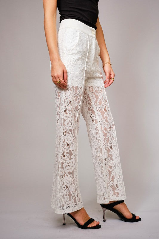 Lace Sheer Mid Rise Trouser Pants
