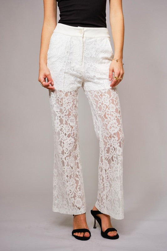 Lace Sheer Mid Rise Trouser Pants