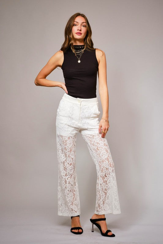 Lace Sheer Mid Rise Trouser Pants