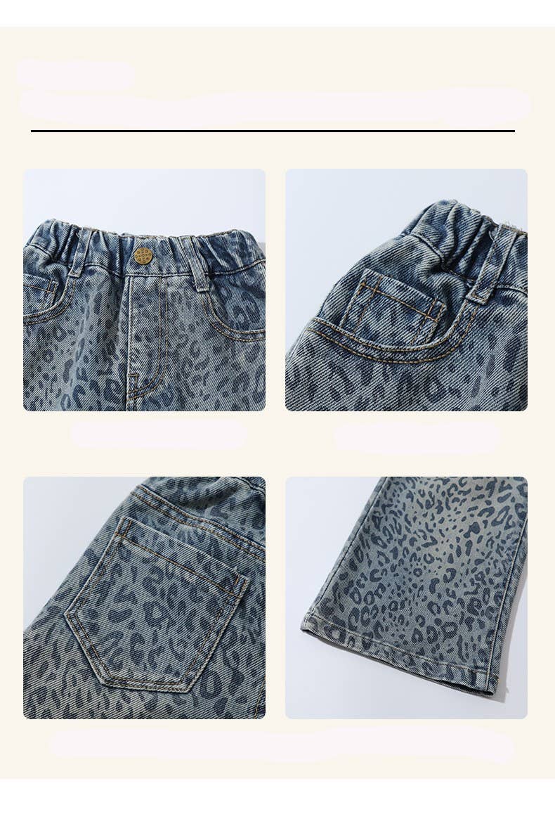 Girls' Blue Leopard Print Denim Wide-Leg Pants (JEANS): Blue / English / 6