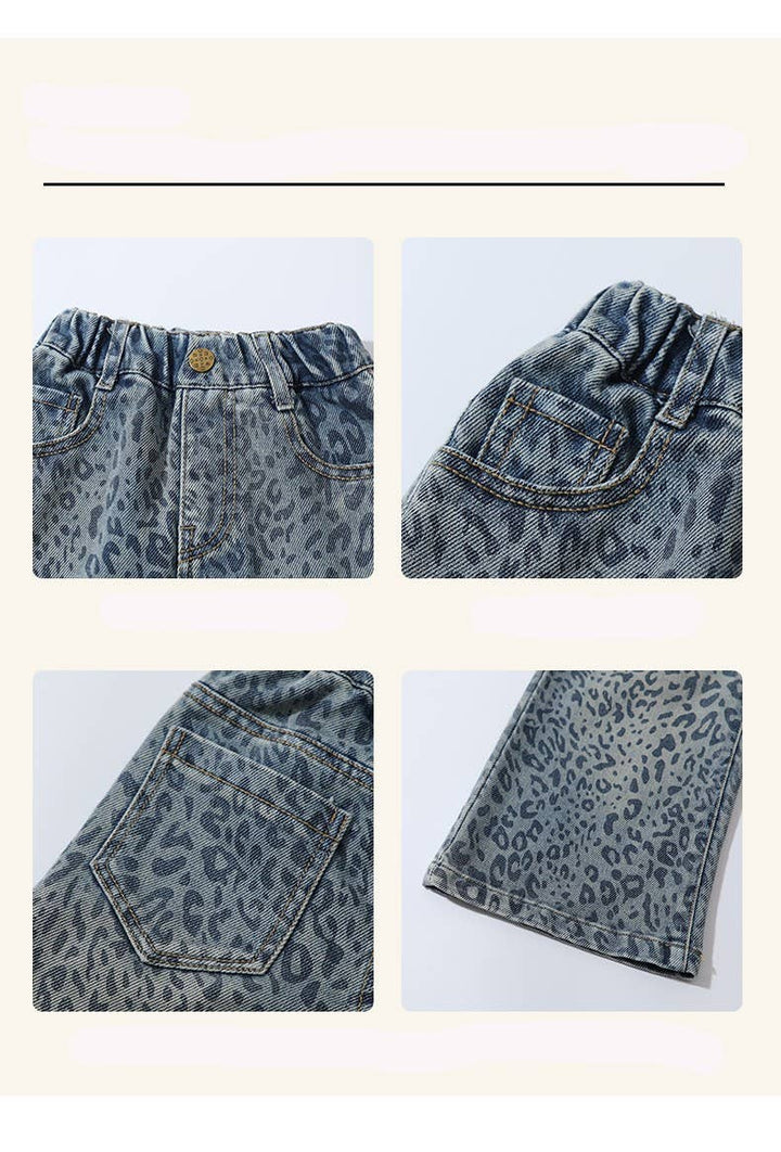 Girls' Blue Leopard Print Denim Wide-Leg Pants (JEANS): Blue / English / 6