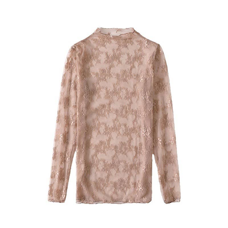 Semi Sheer Mesh Floral Lace Layering See Through Top: Caramel / XL