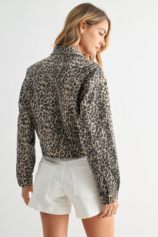 LeopardTied Waist Denim Crop Jacket