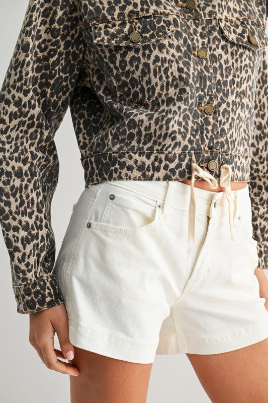 LeopardTied Waist Denim Crop Jacket