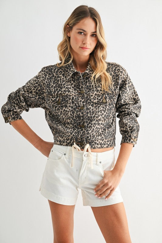 LeopardTied Waist Denim Crop Jacket