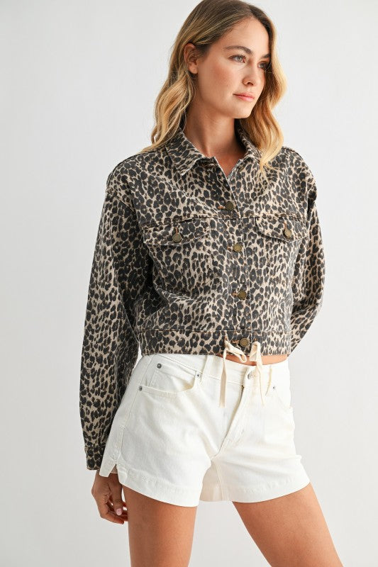 LeopardTied Waist Denim Crop Jacket