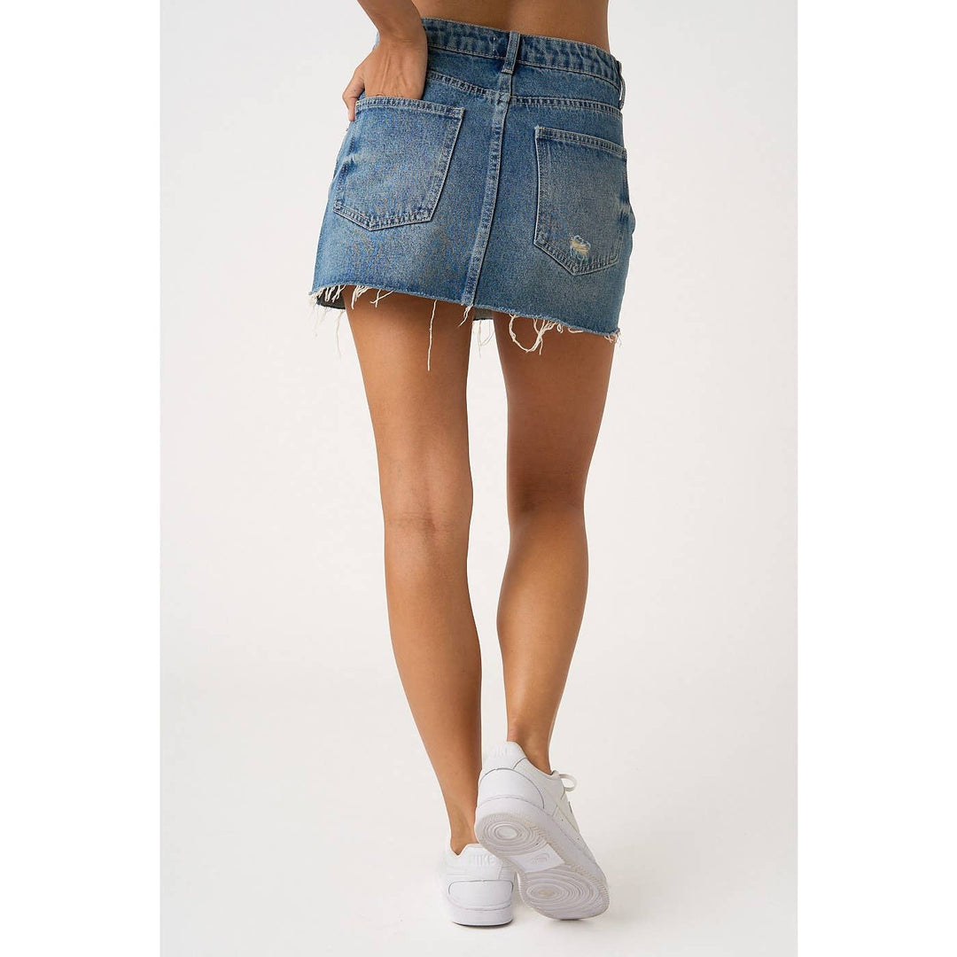 DISTRESSED HEM WASHED DENIM MINI SKIRT