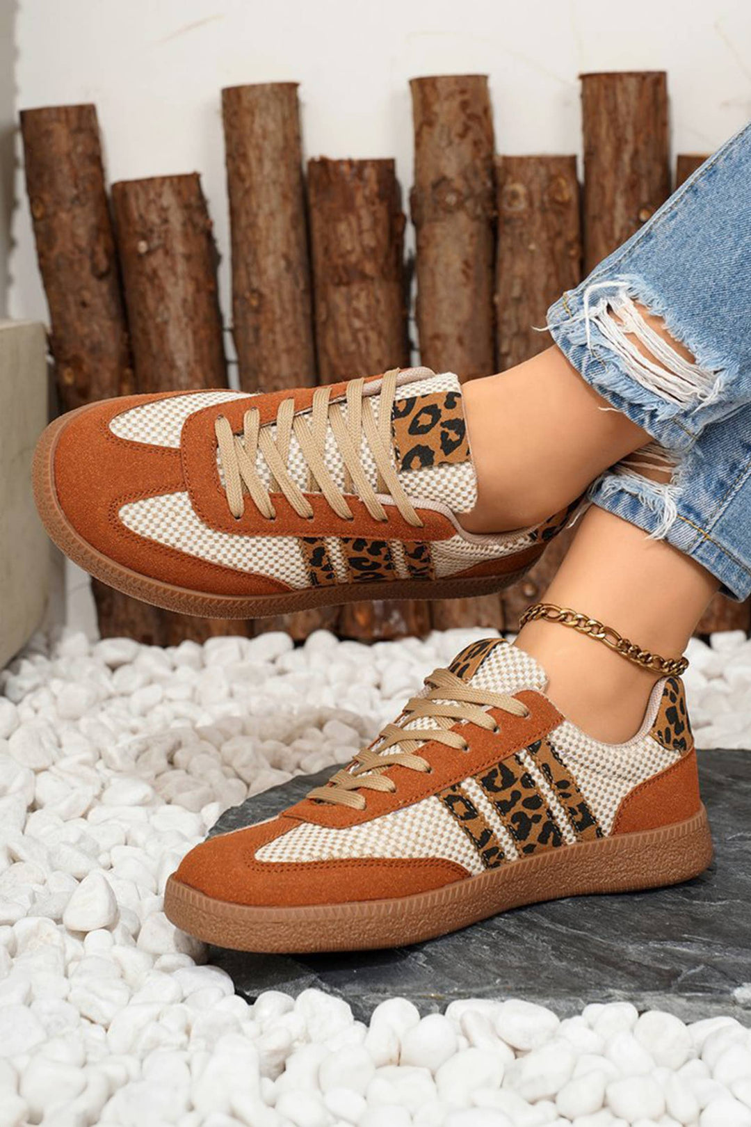LAS Checkered Leopard Color Block Patchwork Sneakers (37-42): Buckskin / Standard