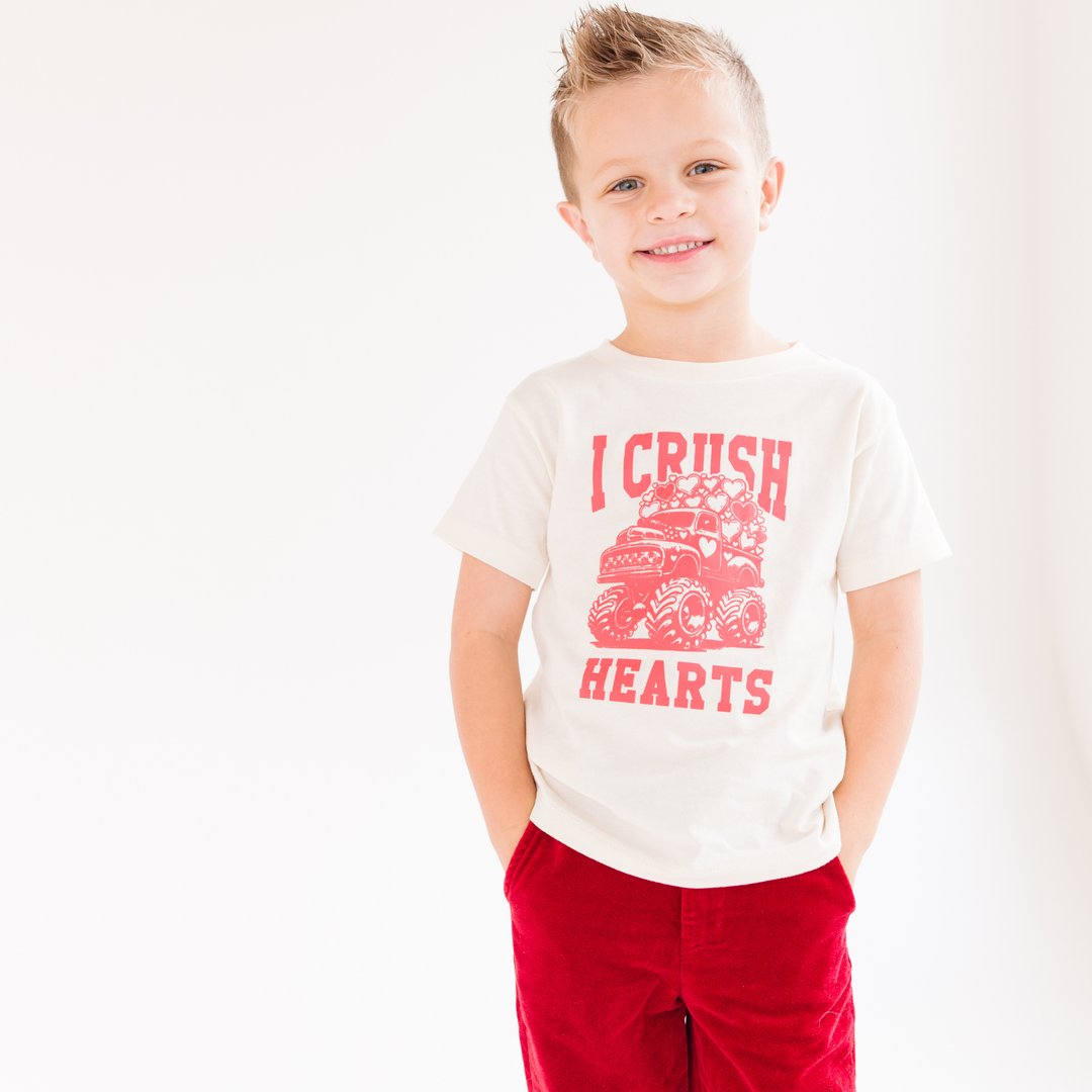 I Crush Hearts Monster Truck Valentines Day Kid Shirt    : Natural