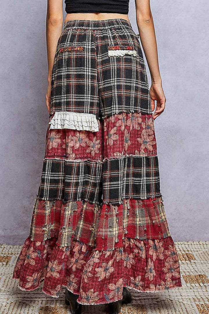Floral Print Ruffle Trim Patchwork Plaid Wide Leg Pants