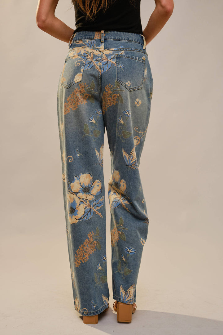 91690P Floral Print Wide Leg Jeans: DENIM MULTI / S-M-L