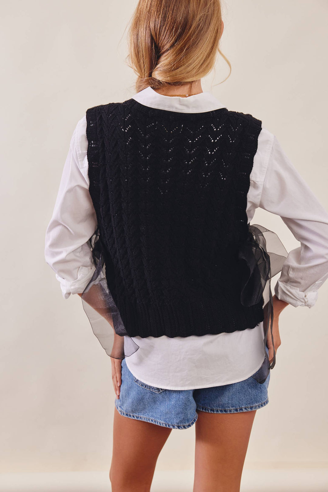 Pointelle Knit Ribbon-Tie Vest Top