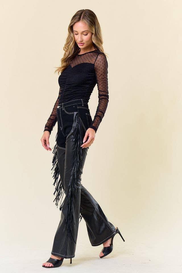 SIP6363A BLACK DENIM CHAPS FRINGED PANTS: M