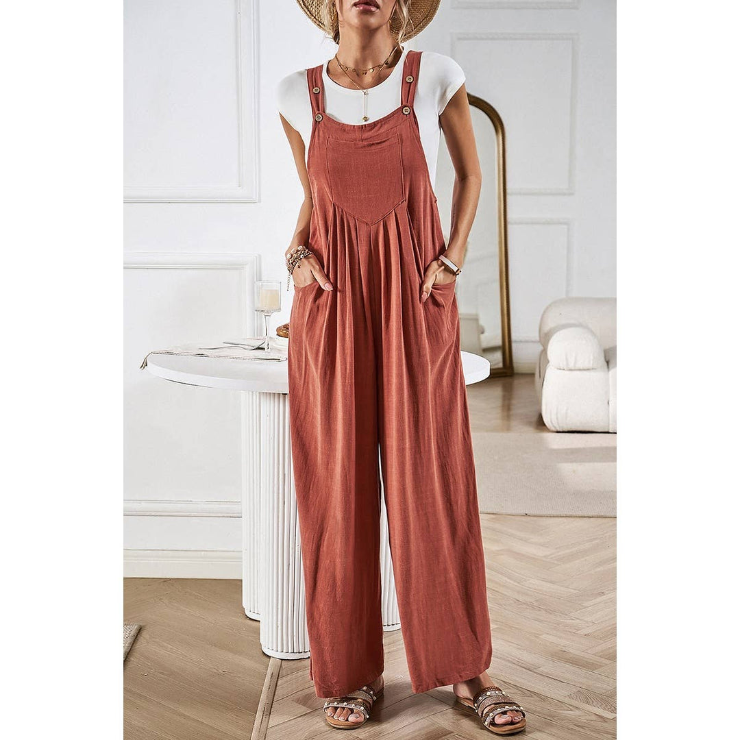 Button Detail Wide Leg Overall Pockets Jumpsuit: BEIGE / M