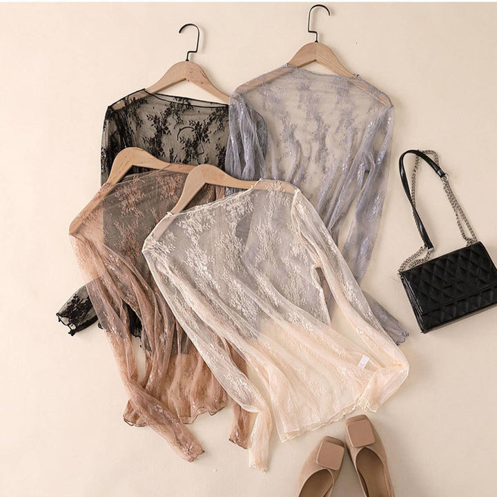 Sexy Mesh Blouse - Long Sleeve Lace Top for Women_CWTBLL3619: Black