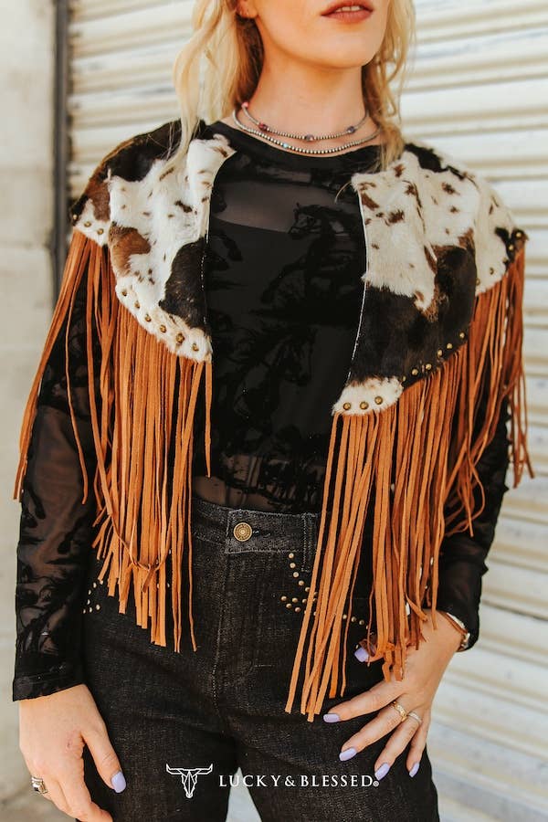 Brown Cowhide Shawl With Studded Fringe Hem: L