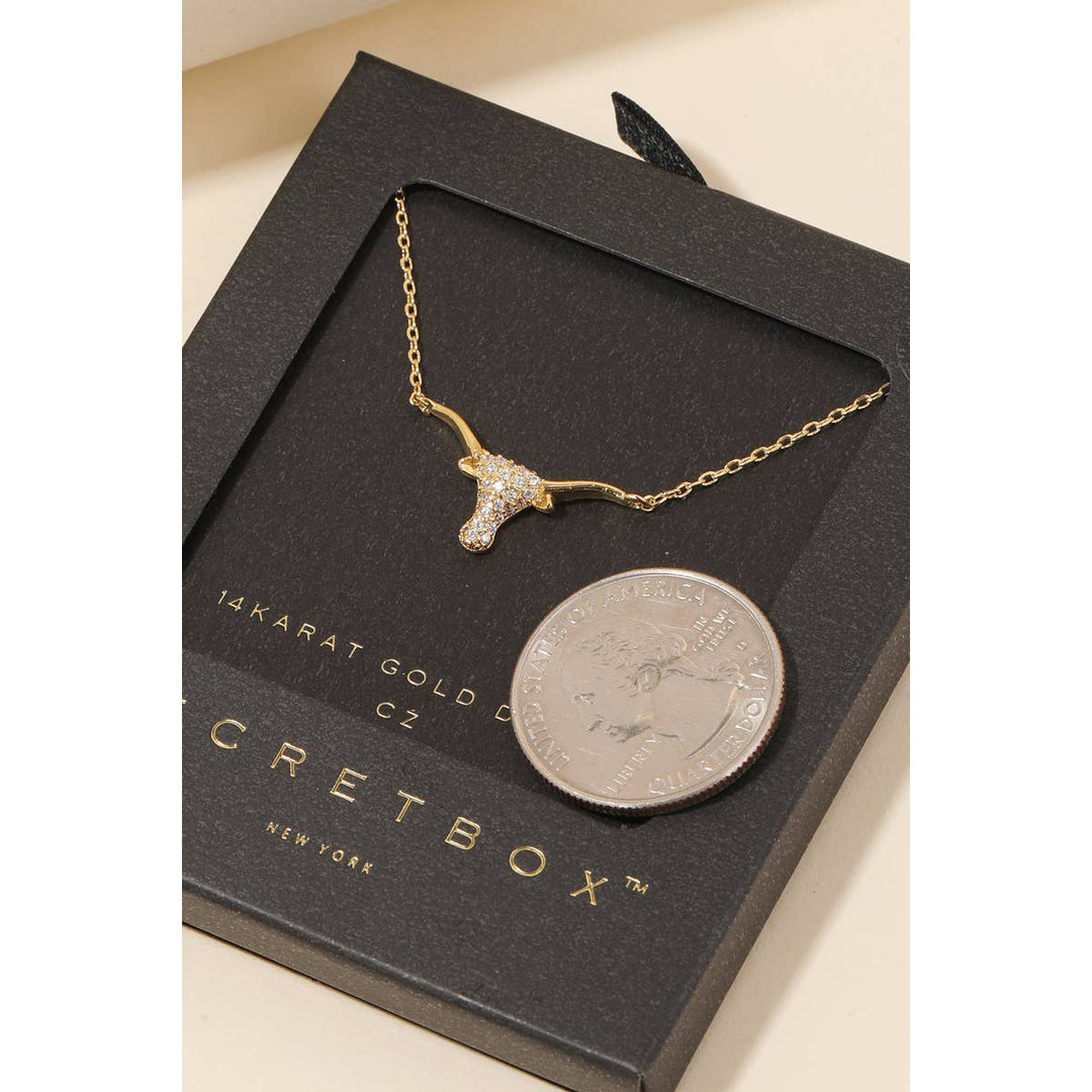 Secret Box Cz Stud Bull Head Pendant Necklace: WG