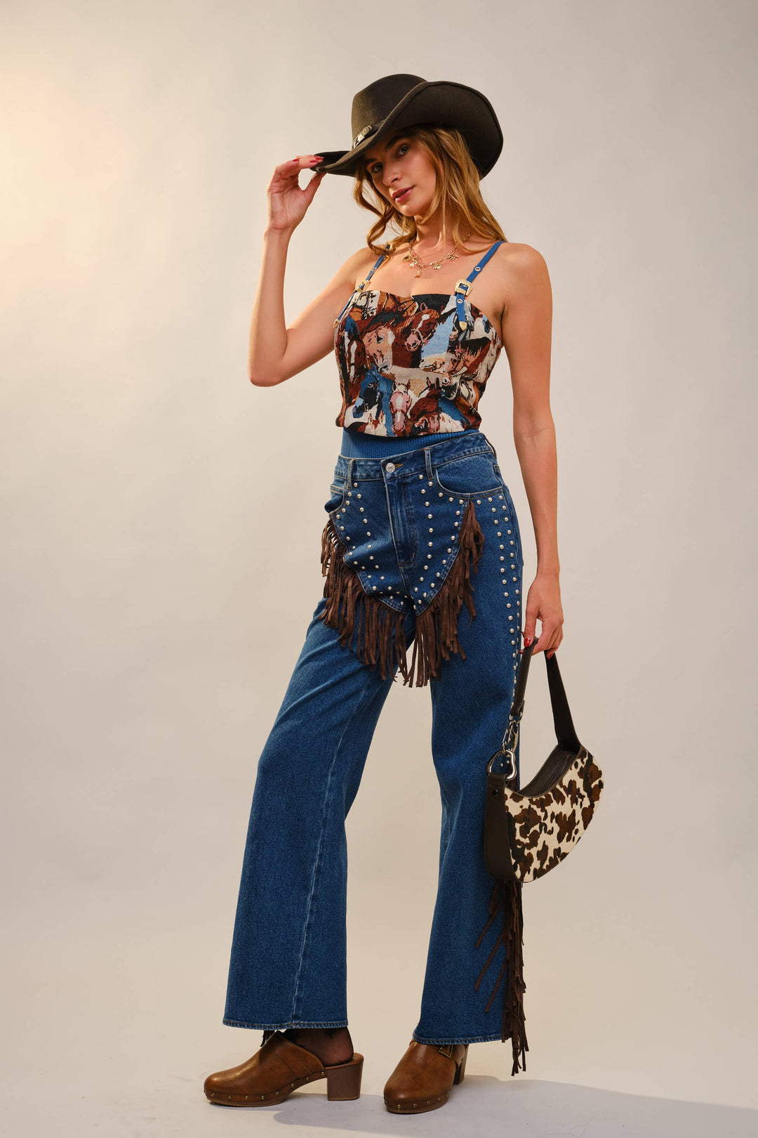 33158T - Horse Jacquard Lace-Up Corset Top: TAUPE MULTI / S-M-L (2-2-2)