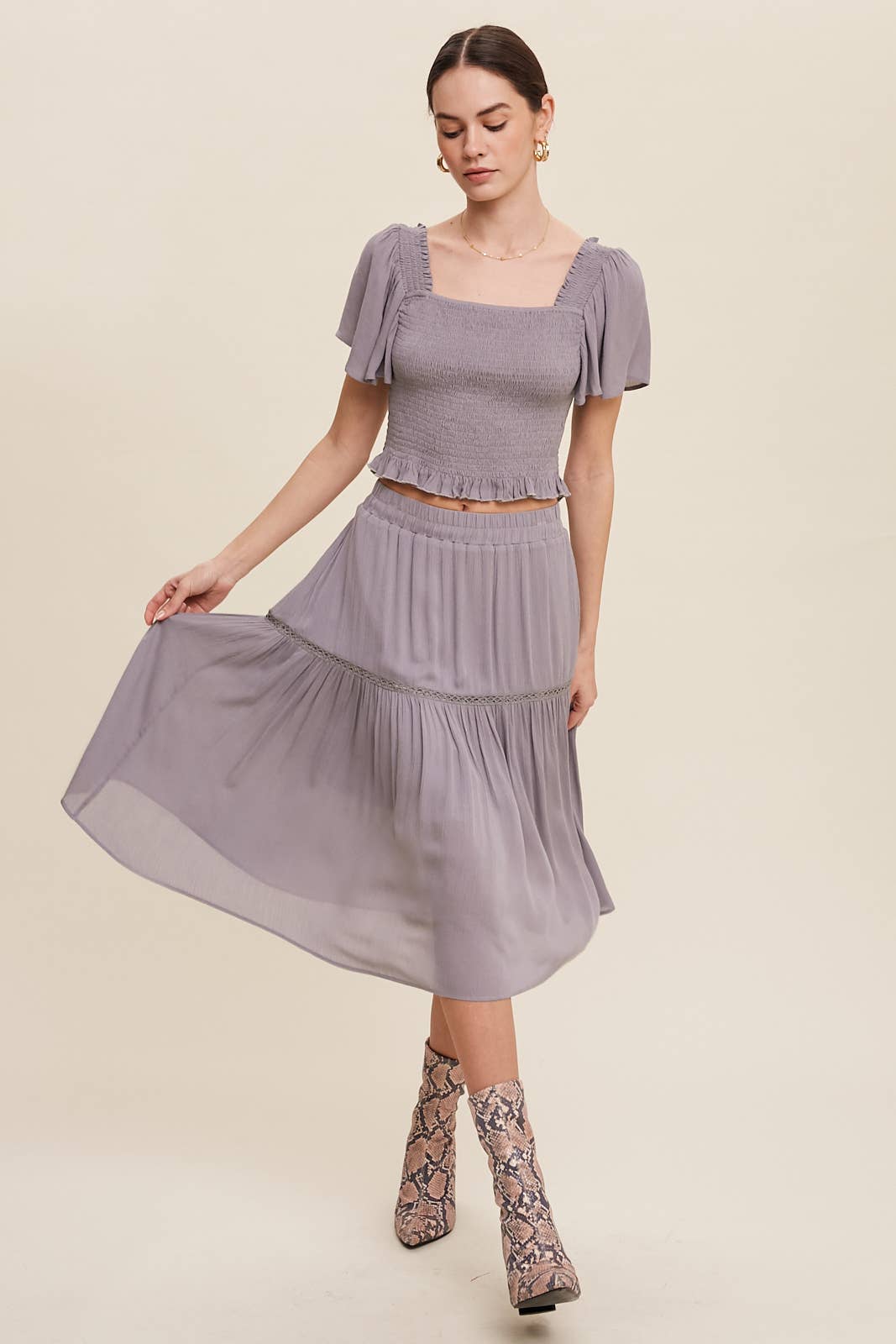 Smocked Crop Top & Tiered Midi Skirt Set: Gray