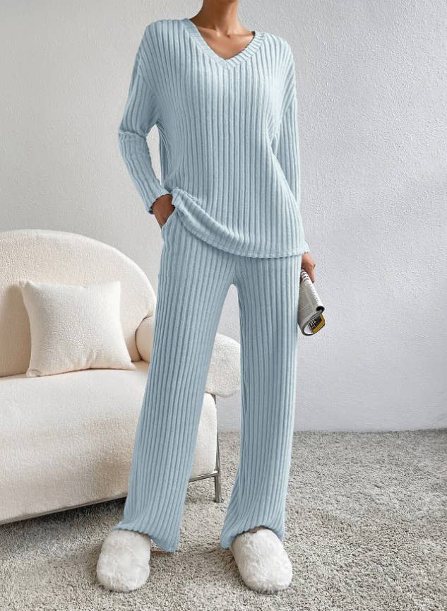 Ribbed Knit Long Sleeve Lounge Pajama Set: Khaki