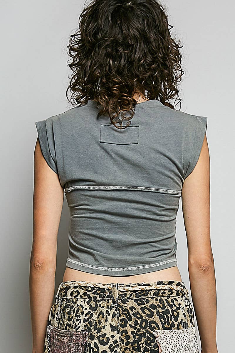 Slim Fit Round Neck Outseam Overlock Stud Cotton Jersey Top