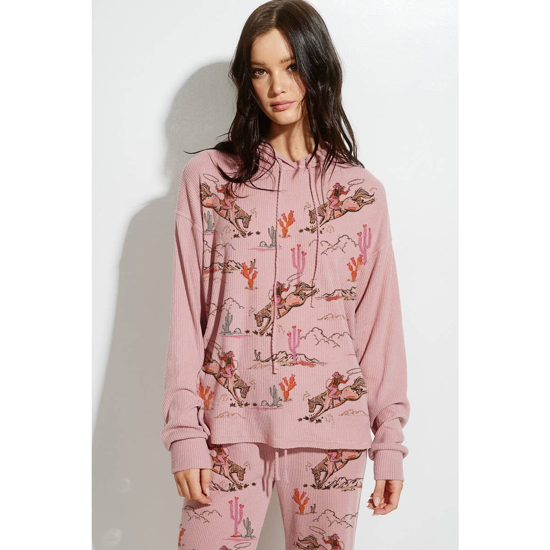 Desert Cowgirl Print Rib Hoodie Loungewear Set : Taupe / M