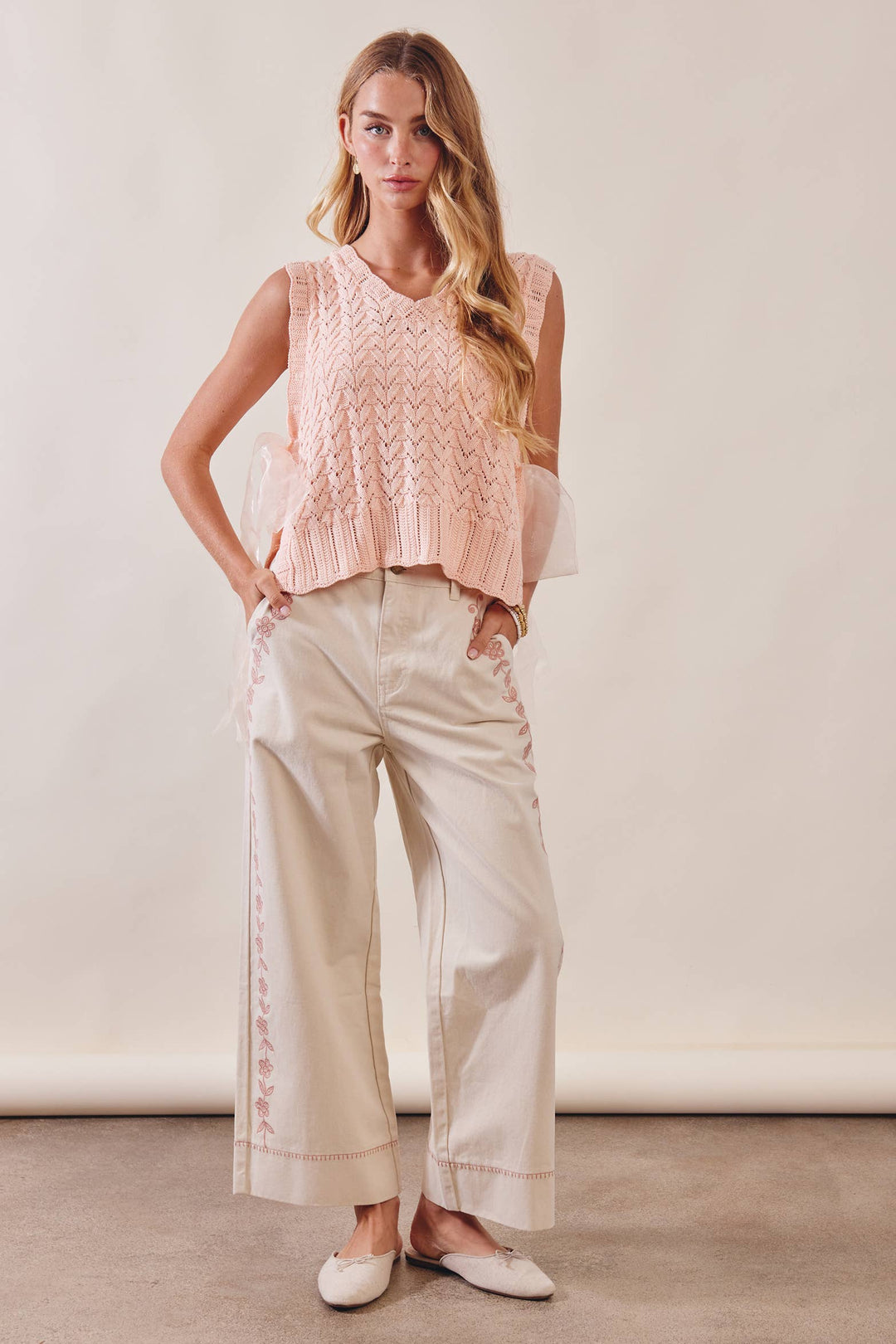 Pointelle Knit Ribbon-Tie Vest Top