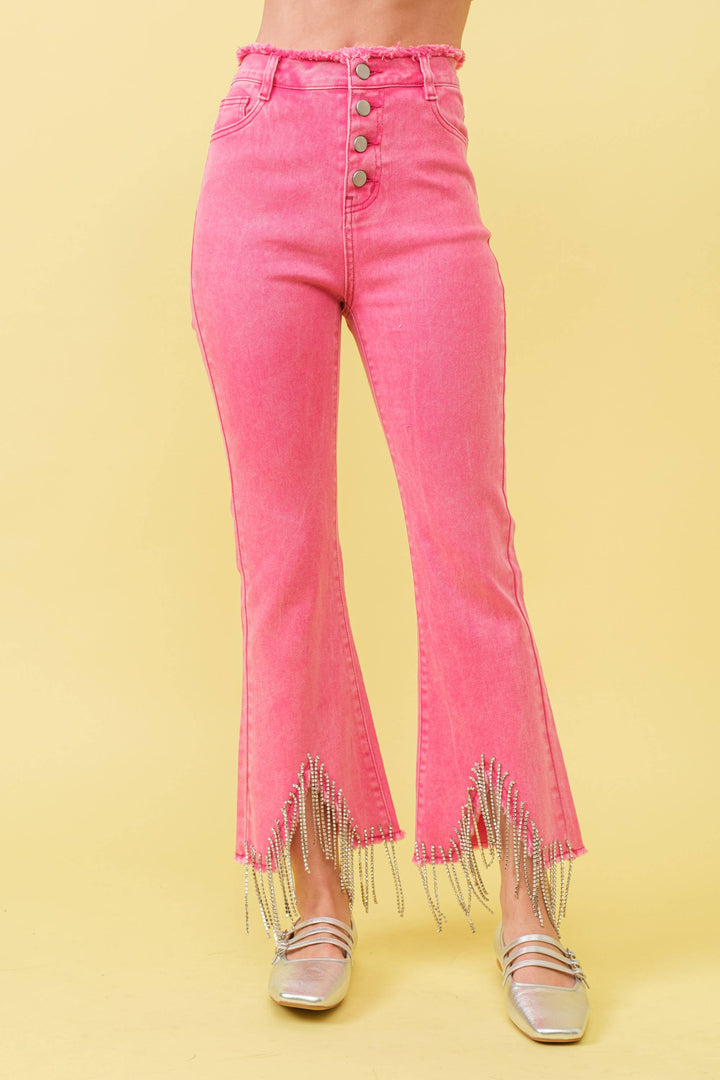 1365P - RHINESTONE FRINGE DENIM PANTS: BLACK / LARGE