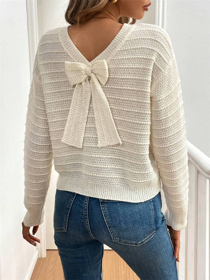 Cozy Bow Tie Back Crew Neck Fall Sweater: Beige / S